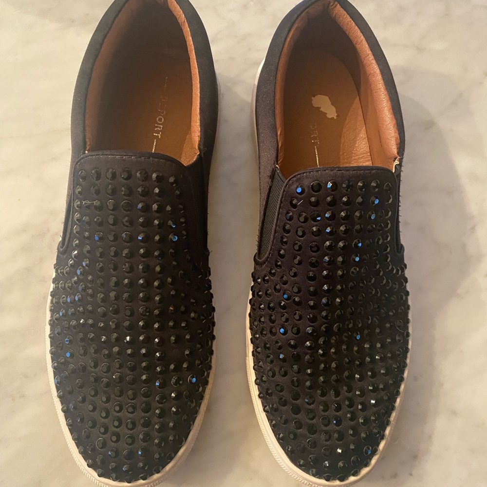 Black Swarovski crystals slip on sneakers